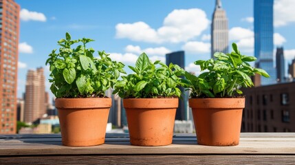 Fototapeta premium Potted herbs with city skyline in the background.