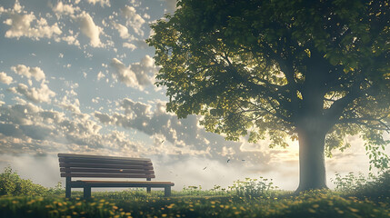 Serene park bench beneath a sprawling tree on a cloudy day backdrop