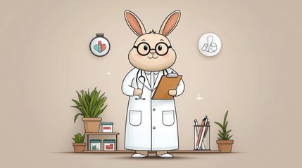 Adorable Fluffy Cartoon Rabbit Wearing a Medical Lab Coat and Holding a Clipboard Standing at a Desk with Potted Plants and Office Supplies in a Scientific or Academic Workspace