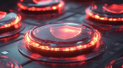Futuristic Technology Interface with Red Illuminated Security Shields