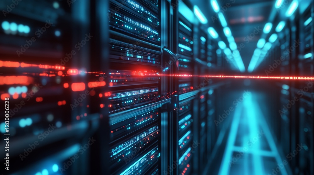 Poster a futuristic data center corridor illuminated by blue and red lights, showcasing rows of servers and