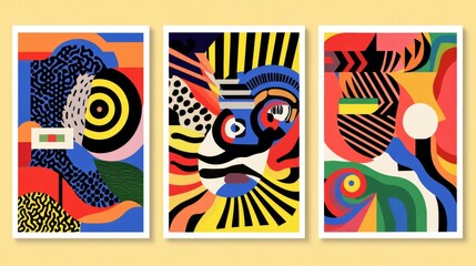 circles, ovals, and waves, in subdued retro colors. Geometric posters in retro brutalist style. Abstract backgrounds