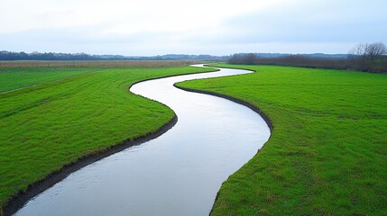Serene Stream Winding Through Lush Green Meadow Under a Soft Overcast Sky