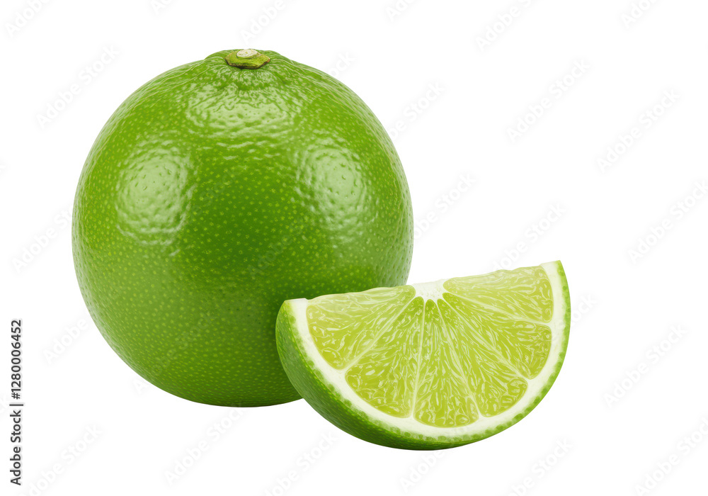 Poster a lime and a slice of lime isolated on white background, front angled view, no depth of field, sharp