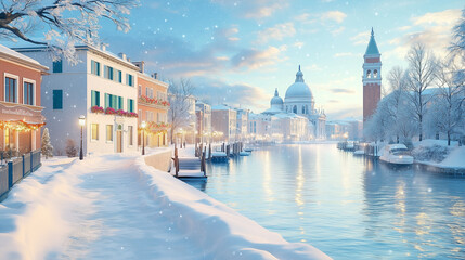 Obraz premium Snow-covered Venice with festive lights and winter atmosphere