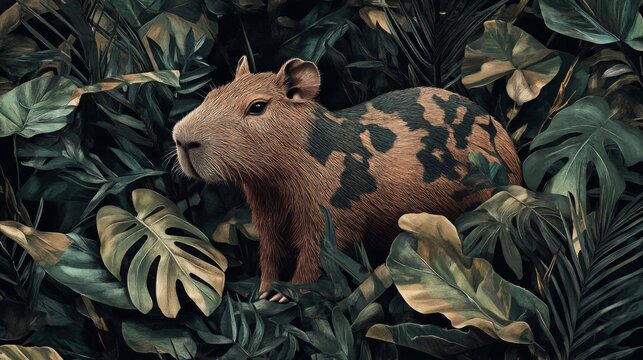 Capybara Hidden in Lush Tropical Foliage