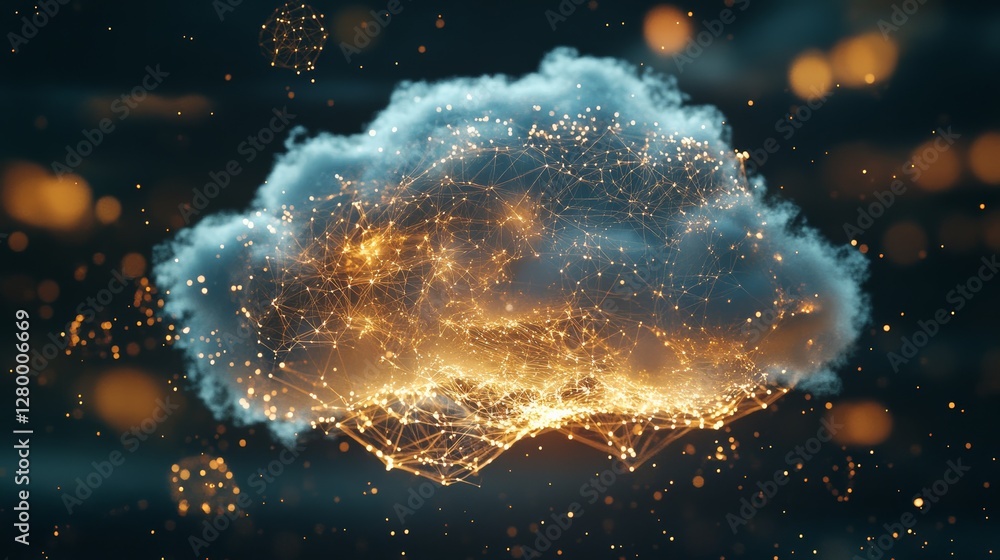 Poster a luminous cloud with sparkling elements, creating a mystical and ethereal atmosphere against a dark