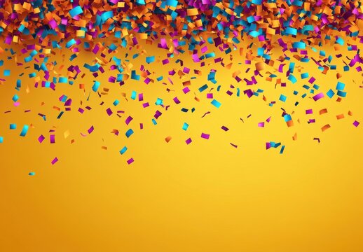 Colorful confetti falling on a vibrant yellow background for celebration, party event, or festive occasion in an abstract style