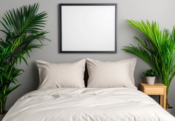 Modern Bedroom with Empty Frame Above Bed with Pillows and Plants On Both Sides