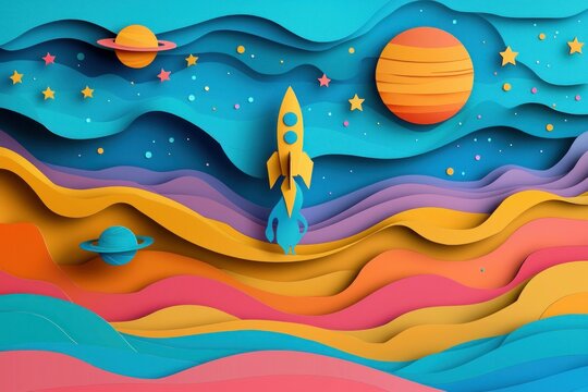 Colorful paper cut rocket launching into space with planets and stars, showcasing vibrant blue, orange, and pink tones, perfect for children s themes and creativity
