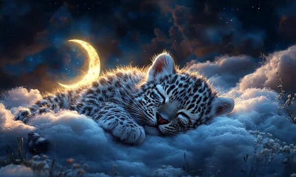 A peaceful sleeping leopard cub rests on fluffy clouds under a glowing crescent moon at night