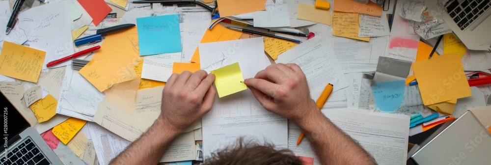 Poster office worker manages a chaotic desk filled with sticky notes, papers, and pens, illustrating the st