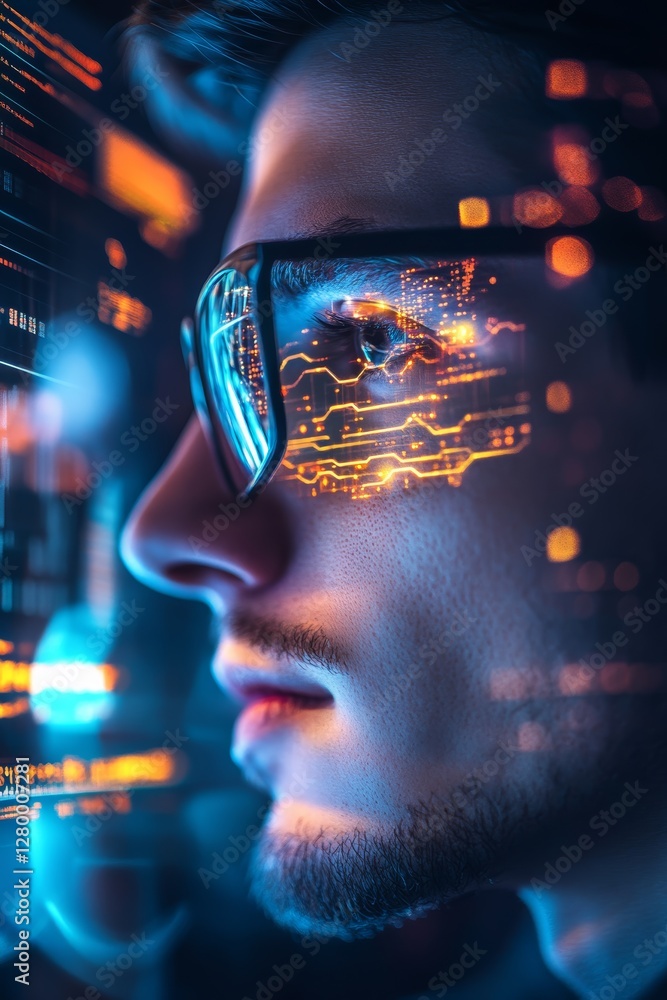 Poster a close-up of a young man wearing glasses, reflecting digital data and coding, representing technolo