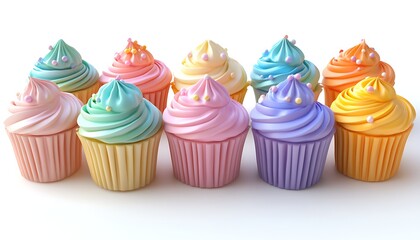 Row of colorful cupcakes on white background