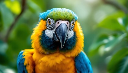 Obraz premium Close-up of a Colorful Macaw Parrot Perched in Lush Greenery