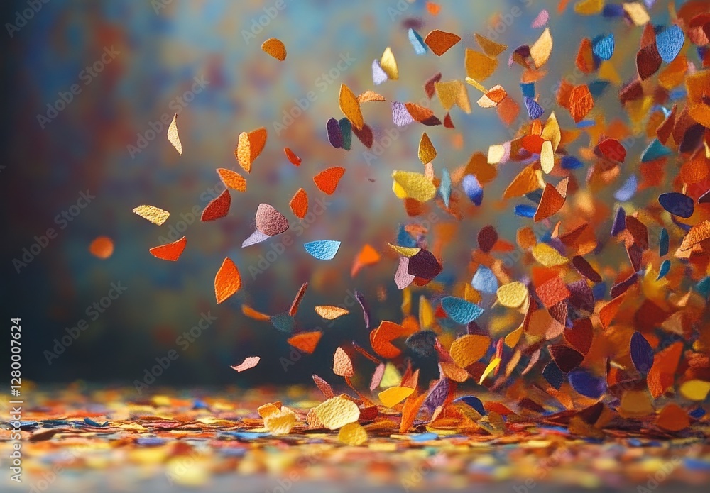 Poster colorful confetti pieces cascading through the air creating a festive atmosphere with a soft blurred