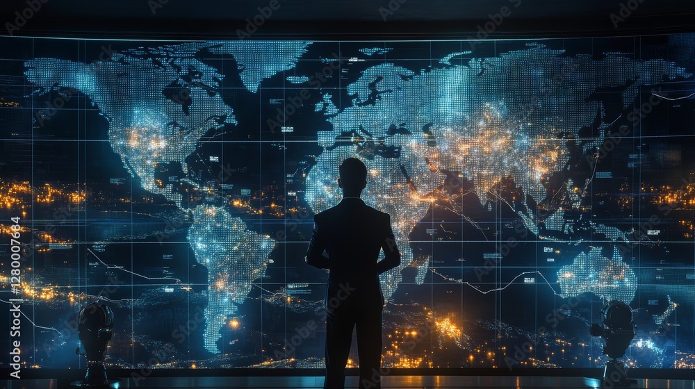 Poster a figure stands before a large, illuminated world map, showcasing dynamic data and connections acros