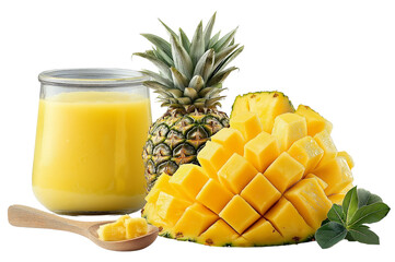 A fresh and vibrant arrangement of diced mango, whole pineapple, a glass of tropical smoothie, and a wooden spoon with fruit pieces.