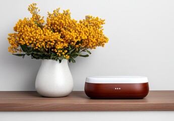 Minimalist Yellow Mimosa Bouquet in Vase with Wooden Box on Tabletop Display
