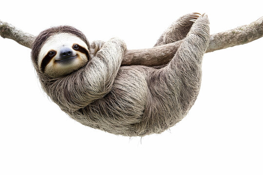 Charming Sloth Hanging Upside Down From Tree Branch on White Background
