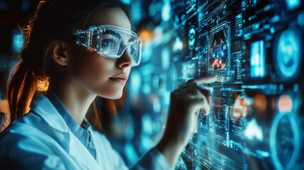 A focused scientist interacts with a digital display, showcasing futuristic technology and data analysis in a high-tech environment.