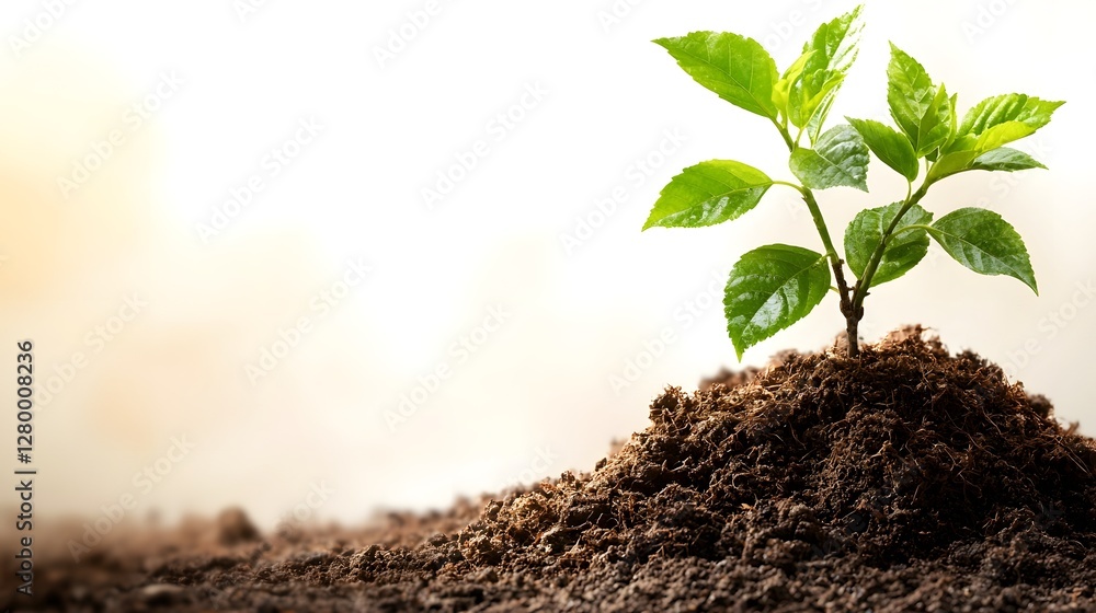 Poster minimal and simple photograph of a single young tree sapling with fresh green leaves isolated on a c