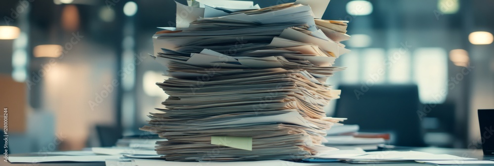 Poster Towering stack of papers dominates a cluttered office desk, symbolizing the chaos and stress of multitasking and time management in a busy work environment