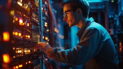 A focused technician adjusts server settings in a dimly lit server room, surrounded by glowing equipment and cables.