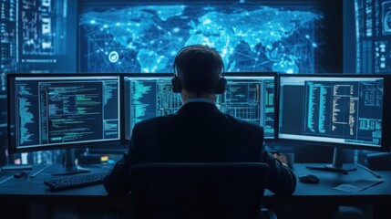 Cybersecurity Analyst Working Late Triple Monitor Setup Global Network Data