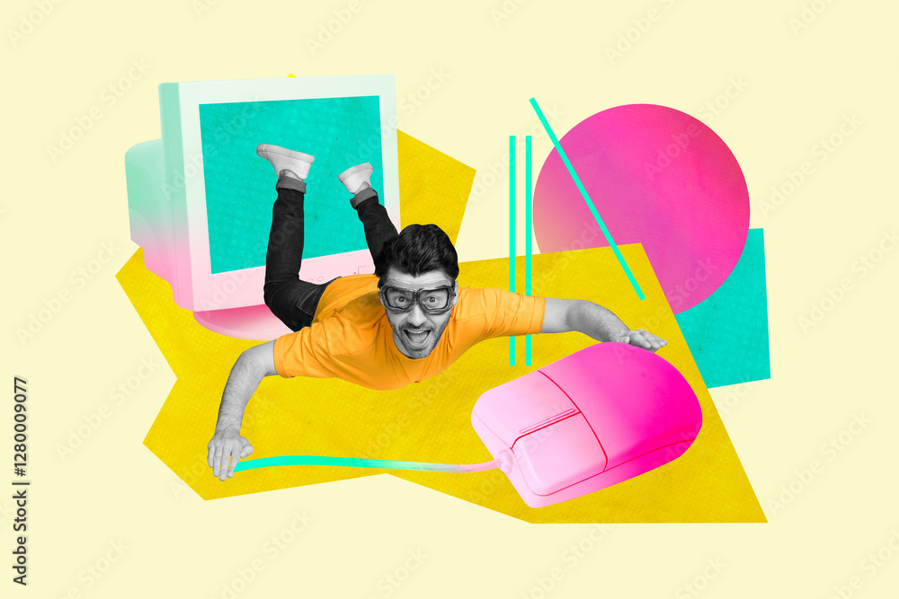 Aufkleber sketch template design 3d photo collage composite of young man surreal fly obsolete computer monitor