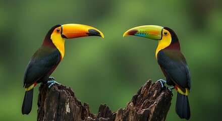 Fototapeta premium Two Channel-billed Toucans Perched on a Tree Trunk with Lush Greenery