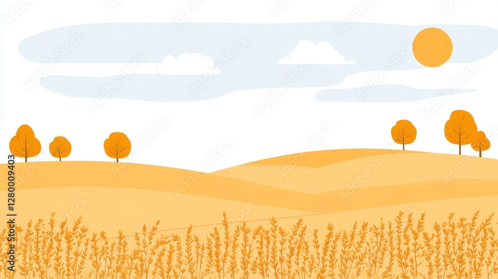 Poster pixelated autumn landscape with golden fields minimal design sun and trees for retro gaming or 8 bit