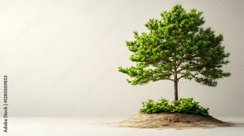 Poster a single pine tree with perfectly symmetrical branches and deep green needles isolated against a pla