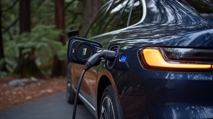 A contemporary designed electric vehicle charging station nestled within a lush forest environment showcasing the of sustainable transportation technology in a natural setting