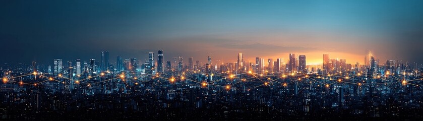 Fototapeta premium City skyline at dusk with illuminated buildings and horizon glow