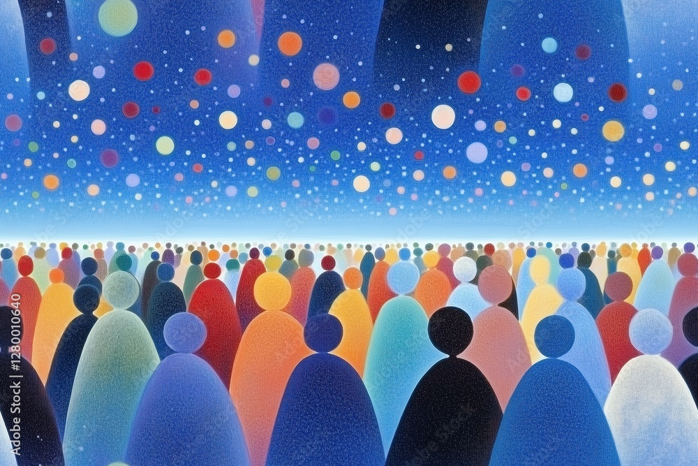 Poster a vibrant and colorful abstract representation of a crowd of people silhouetted against a starry nig