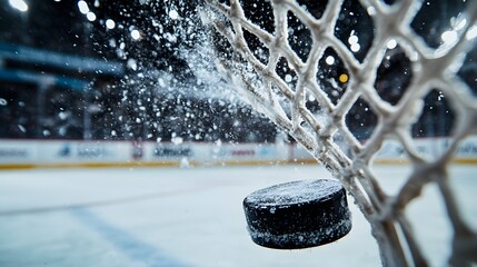Frozen Hockey Puck in Net Winter Sports Action Close Up