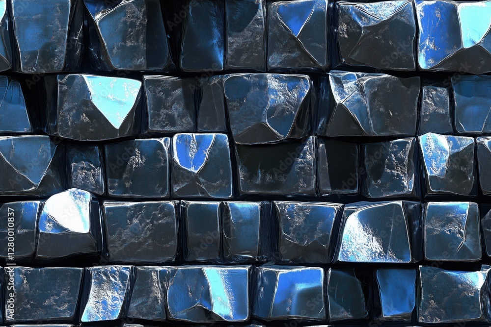 Poster a close-up view of shiny, irregularly shaped black stones stacked together, reflecting light and cre
