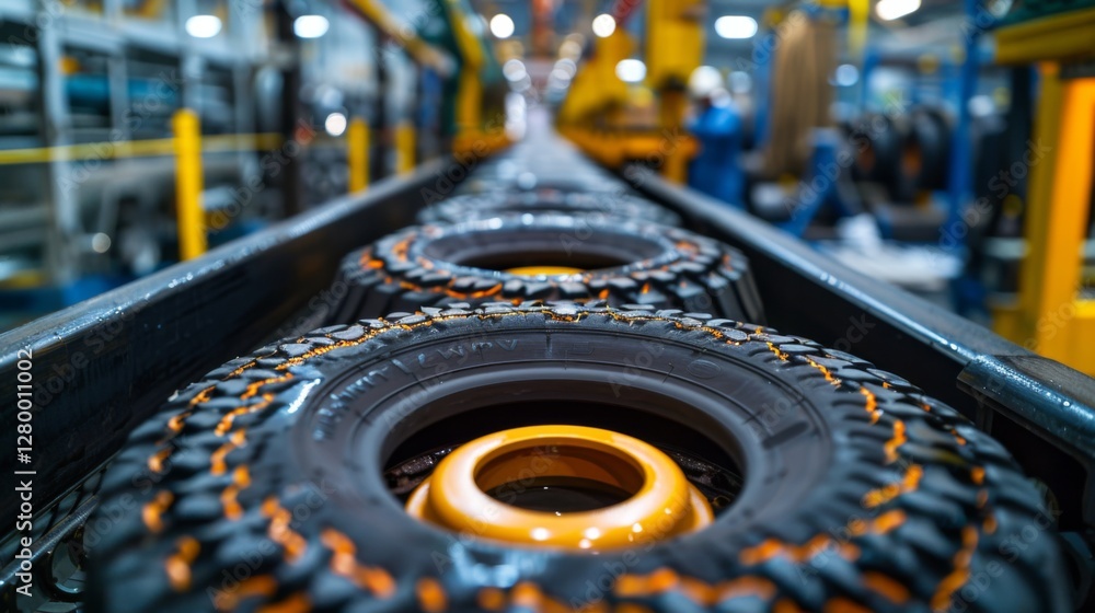 Poster heavy machinery moves tires along the assembly line in a modern factory, demonstrating automated pro