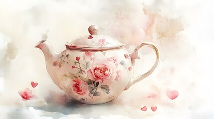 Elegant Floral Teapot Watercolor Painting Romantic Roses Design Vintage Tea Kettle