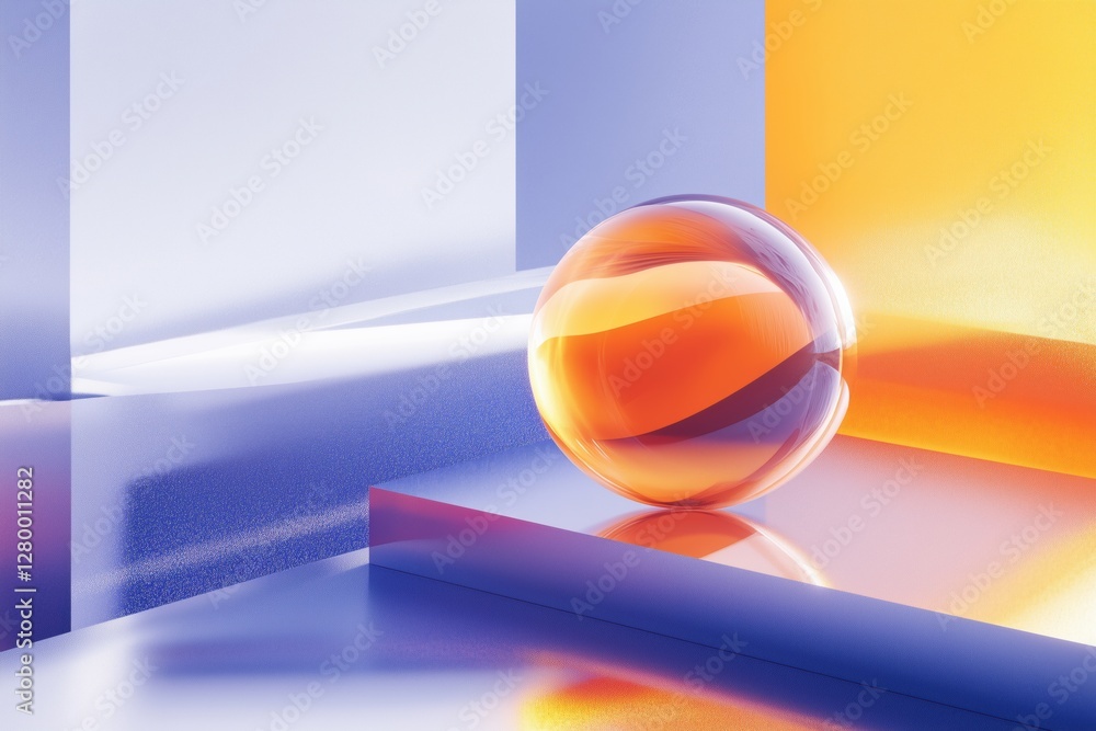 Poster a colorful abstract composition featuring a transparent sphere resting on geometric shapes. the back