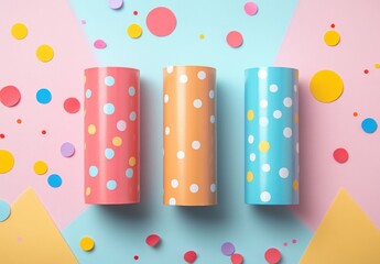 Colorful Cylindrical Tubes with Polka Dots on a Bright Pastel Background Surrounded by Circular Paper Cutouts in Various Colors and Sizes