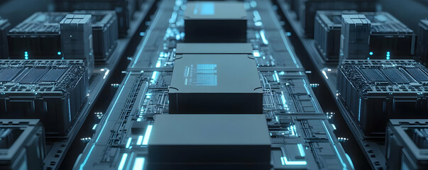 Futuristic tech, server farm, digital processors.