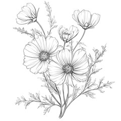Elegant Monochrome Cosmos Flower Bouquet Drawing Botanical Line Art Illustration