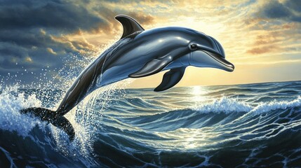 Fototapeta premium Dolphin's Leap at Sunset: A Majestic Marine Mammal in Oceanic Splendor