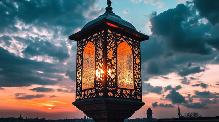 Fototapeta premium sunset cityscape silhouette with glowing ornate lantern: intricate islamic design at dusk, capturing the twilight mood over an arabic-inspired architectural scene