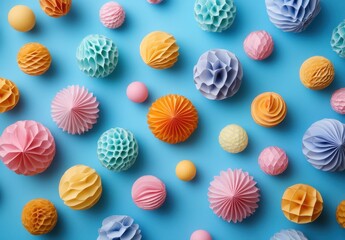 Obraz premium Colorful Decorative Paper Honeycomb Balls and Pom Poms Arranged on a Bright Blue Background for Festive Celebrations and Events