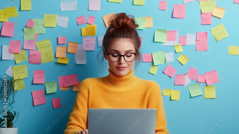 Poster young woman in a vibrant office setting multitasks with a laptop, surrounded by colorful sticky note