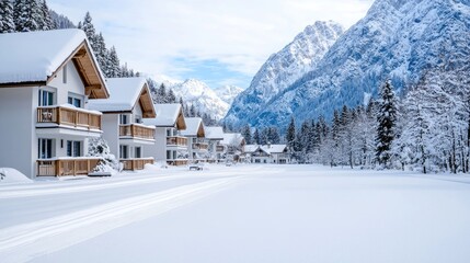 Fototapeta premium Snowy Alpine village houses, winter landscape, cross-country skiing tracks