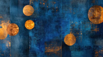 Contemporary digital artwork gold circles on blue background